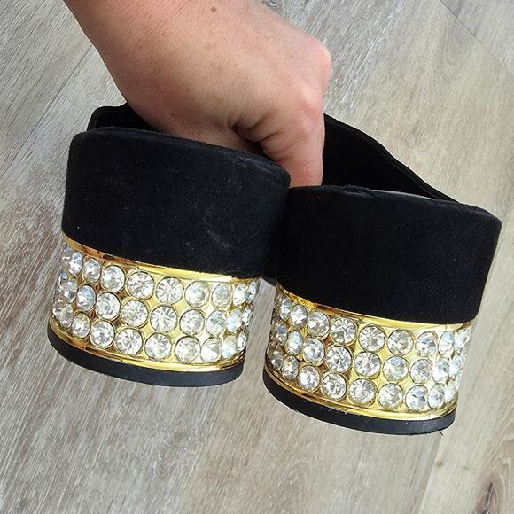 Jeffrey Campbell Teseida Black Suede Leather Block Heel Mule sz 9 Rhinestone Gem - Picture 5 of 9